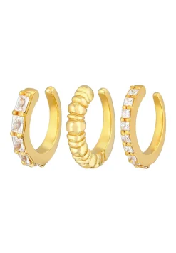 Elli PREMIUM Dames Oorknoop Set Van 3 Geribbelde Structuren Met Zirkonia Kristallen In 925 Sterling Zilver Verguld