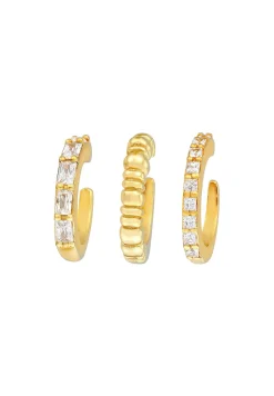 Elli PREMIUM Dames Oorknoop Set Van 3 Geribbelde Structuren Met Zirkonia Kristallen In 925 Sterling Zilver Verguld